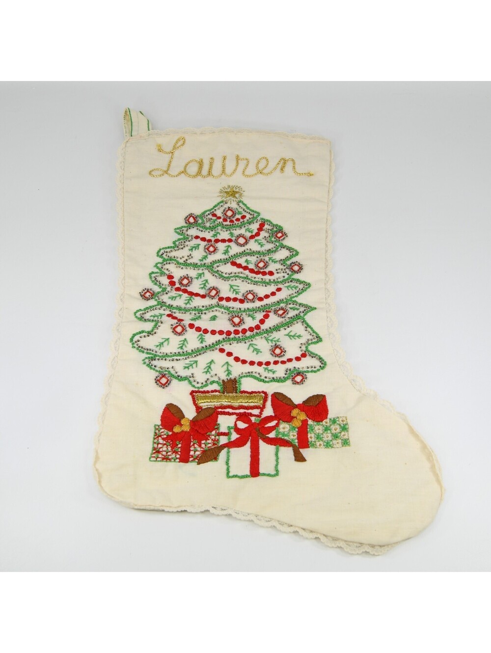Embroidered Christmas Stocking Completed Bucilla Shimmering Tree Candlewk LAUREN